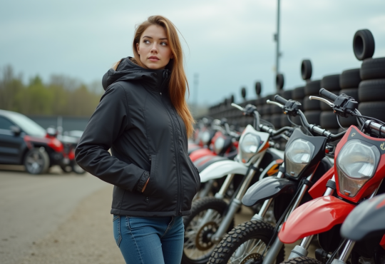Jeune femme examine des motos 125cc en concession motocross