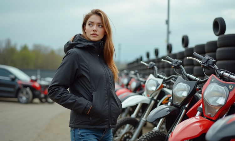Jeune femme examine des motos 125cc en concession motocross