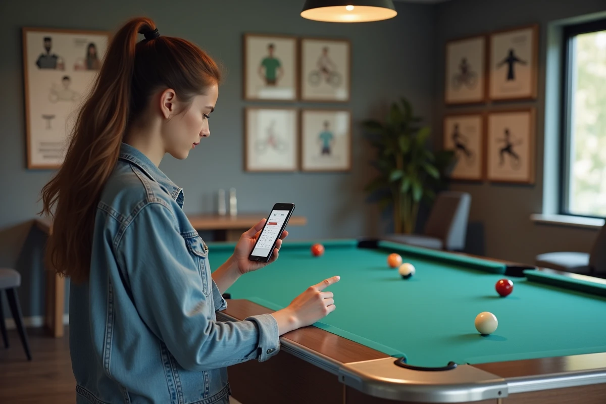 Jeune femme utilisant smartphone pour calcul de billard
