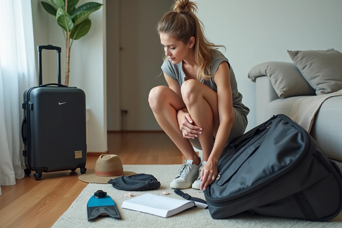 Jeune femme vérifiant son sac de surf dans un salon lumineux