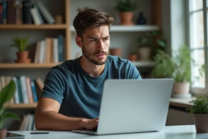 Jeune homme au bureau à domicile regardant son ordinateur