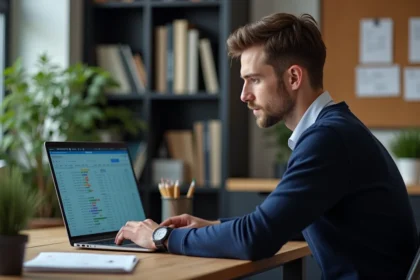 Jeune homme concentré devant un ordinateur portable dans un bureau moderne