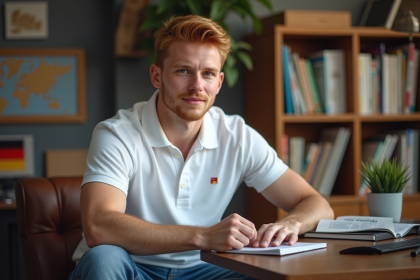 Jeune homme en polo blanc dans un bureau avec livres et drapeau