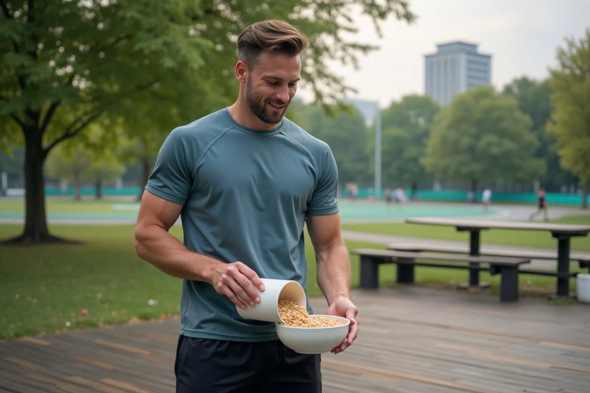 Jeune homme versant du riz dans un bol en plein air