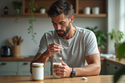 Jeune homme en salle de bain prenant un probiotic et creatine