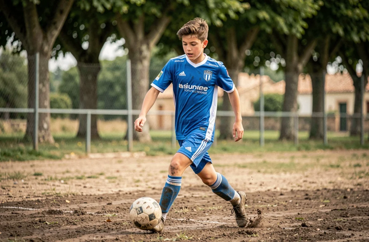 Jeune footballeur du district de l'Hérault en action lors d'un match officiel sur un terrain de village en Occitanie