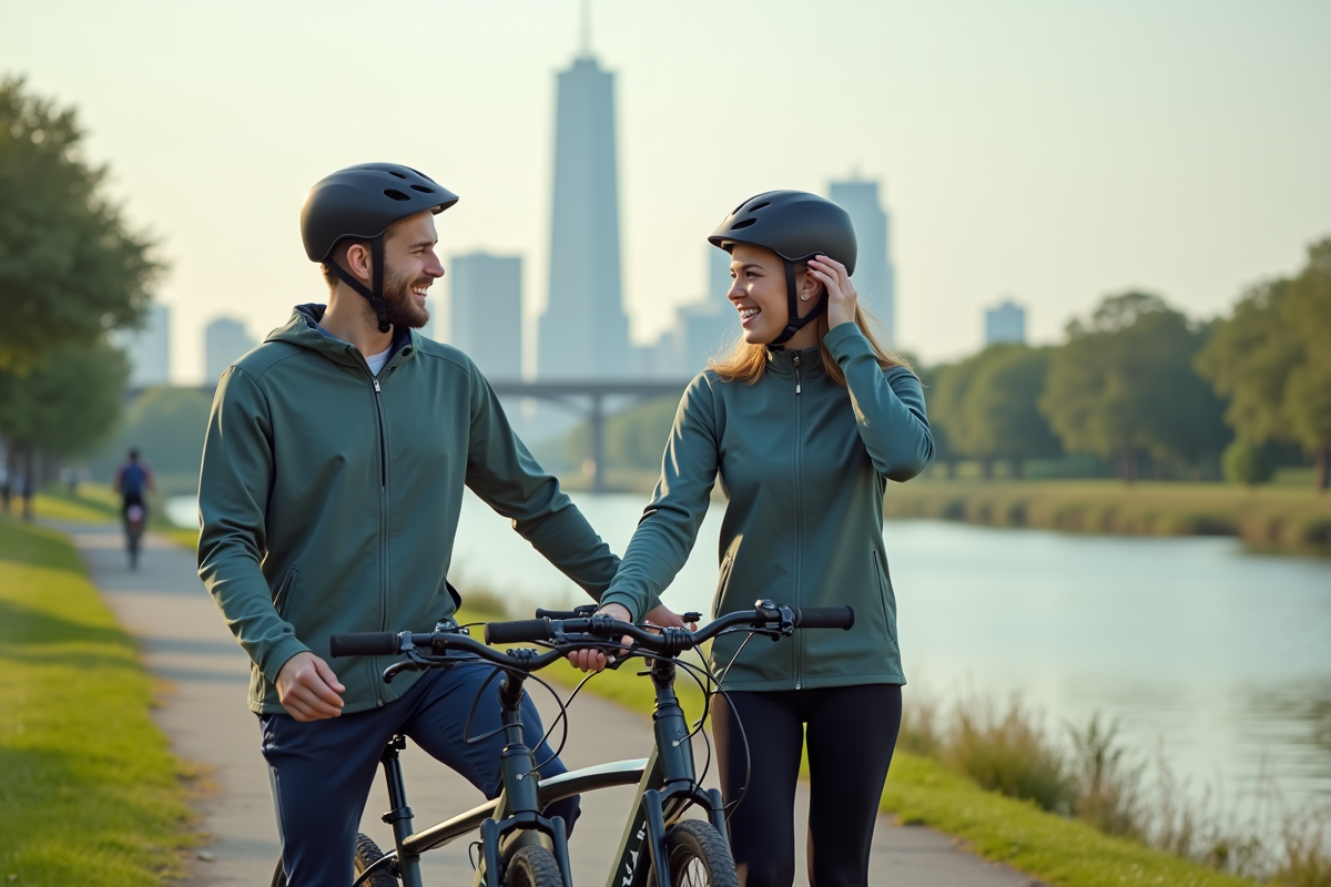Jeunes ajustant leur casque près d un vélo sur la rivière