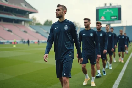 Groupe de jeunes footballeurs en entraînement dans un stade européen