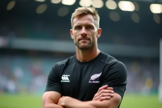 Joueur de rugby All Blacks naturalisé en maillot noir sur le terrain, regard confiant, représentant le débat sur la naturalisation dans le rugby international