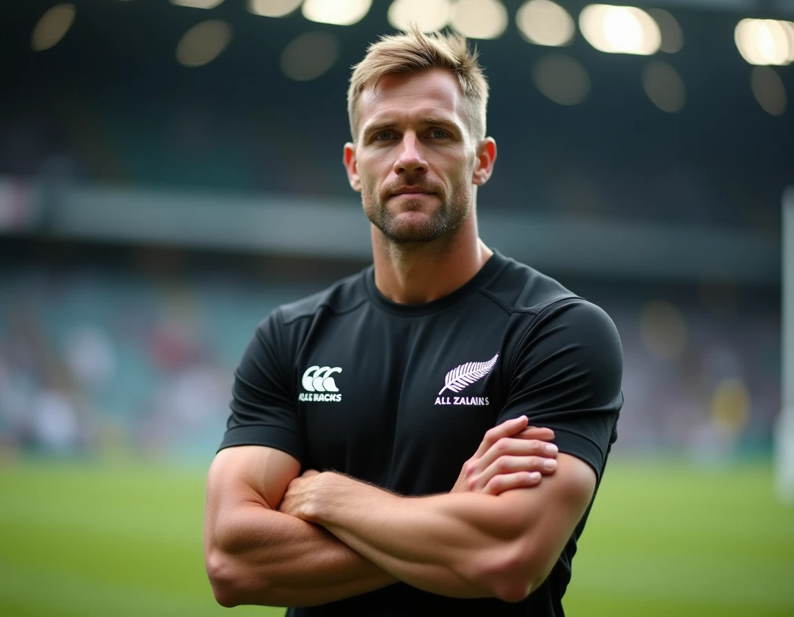 Joueur de rugby All Blacks naturalisé en maillot noir sur le terrain, regard confiant, représentant le débat sur la naturalisation dans le rugby international