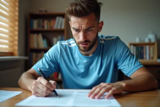 Joueur de football National 2 en tenue de sport lisant attentivement un contrat professionnel avant de signer
