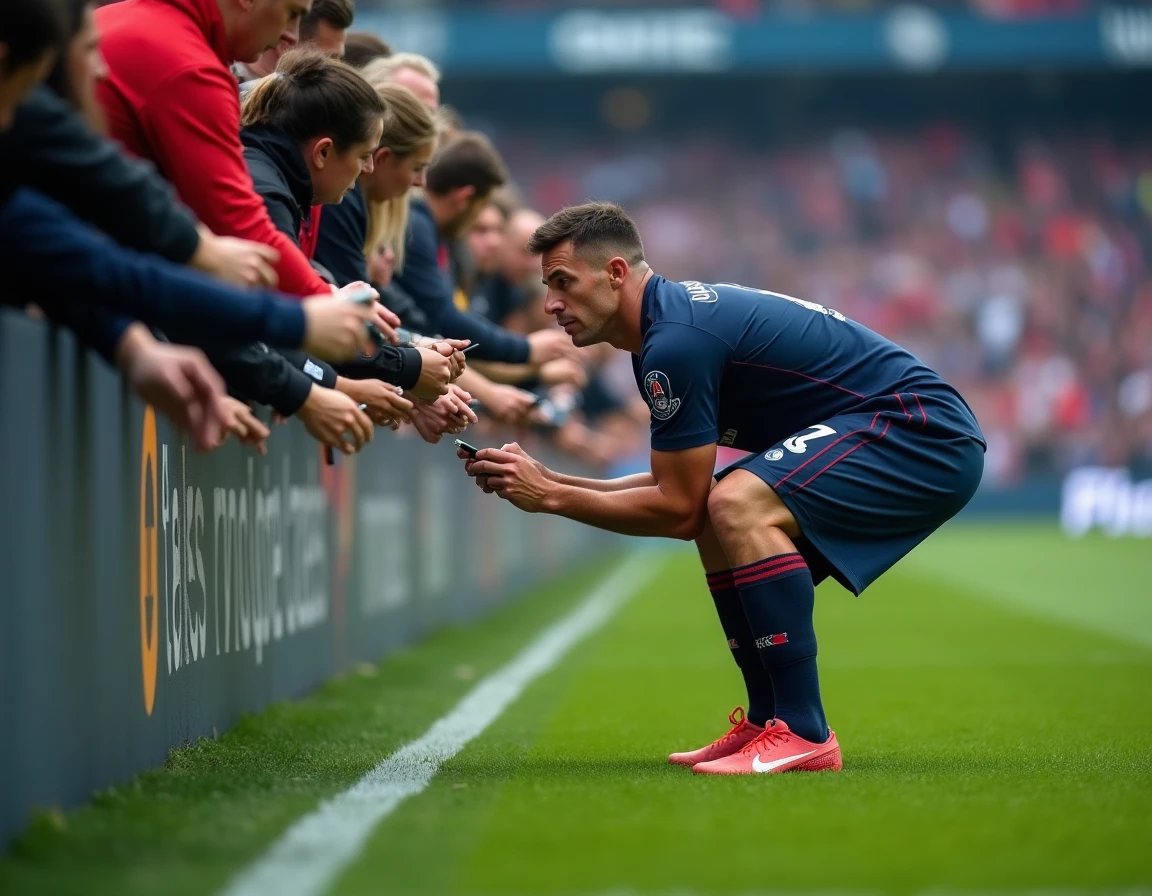 Joueur du PSG signant des autographes aux supporters au bord du terrain