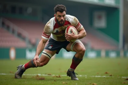 Joueur de rugby en pleine course portant le ballon ovale lors d'un match de Fédérale 2