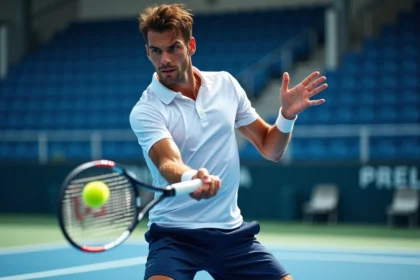 Joueur de tennis professionnel effectuant un coup droit puissant sur un court dur lors d'un tournoi Masters 1000