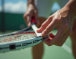 Joueur de tennis mesurant la taille du grip avec une règle en plein jour