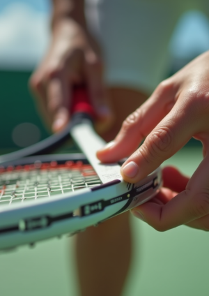 Joueur de tennis mesurant la taille du grip avec une règle en plein jour