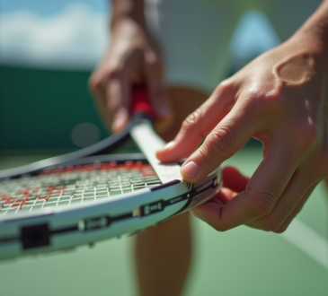 Joueur de tennis mesurant la taille du grip avec une règle en plein jour