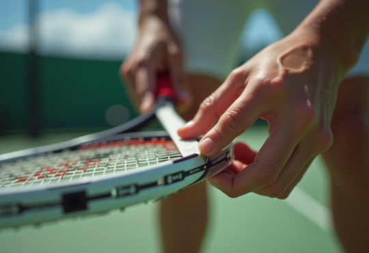 Joueur de tennis mesurant la taille du grip avec une règle en plein jour