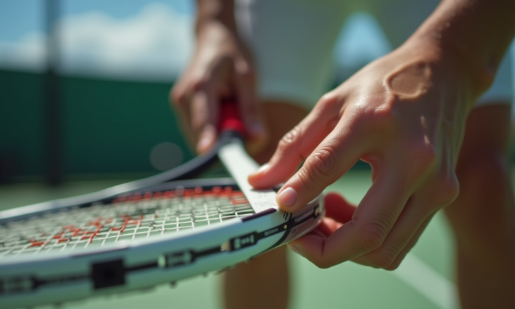 Joueur de tennis mesurant la taille du grip avec une règle en plein jour