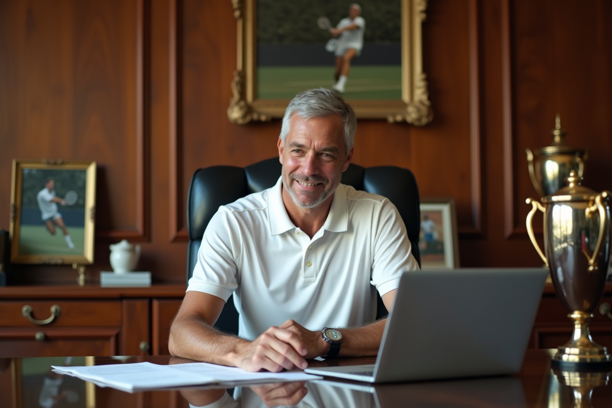 Joueur de tennis mature en bureau élégant avec trophées
