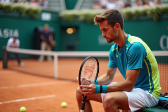 Jeune joueur de tennis ajustant sa raquette sur court en terre battue