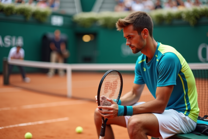 Jeune joueur de tennis ajustant sa raquette sur court en terre battue