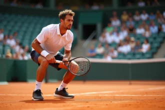 Joueur de tennis en position de jeu sur court en terre battue lors d'un tie-break décisif en tournoi