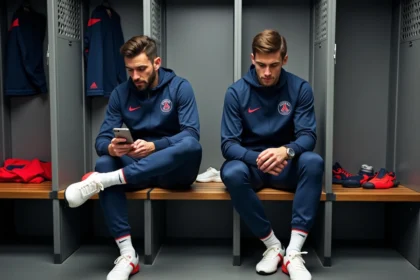 Deux joueurs de football PSG dans la salle d'équipe