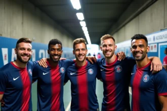 Groupe de joueurs de football du PSG posant ensemble dans le tunnel du stade en 2026