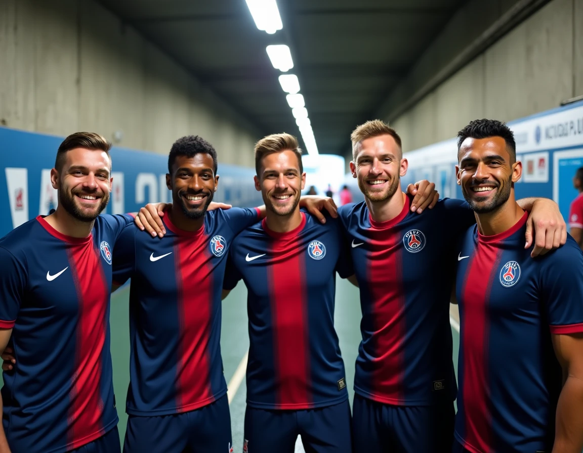 Groupe de joueurs de football du PSG posant ensemble dans le tunnel du stade en 2026