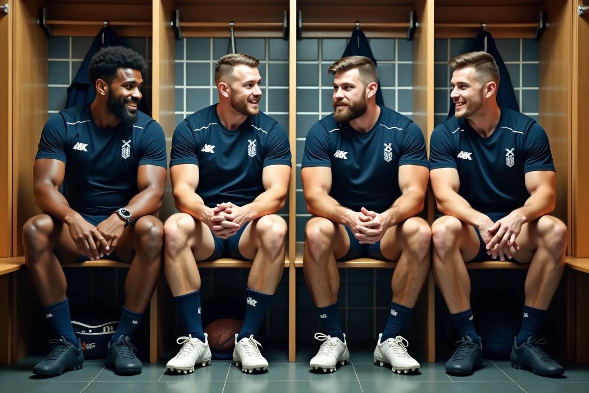 Groupe de joueurs de rugby internationaux de différentes origines discutant dans un vestiaire, illustrant la diversité et les polémiques autour de la naturalisation sportive