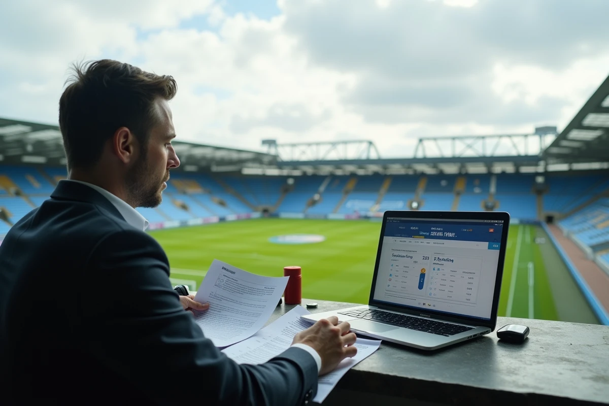 Journaliste sportif consultant les statistiques de classement du FC Versailles 78 dans la tribune de presse