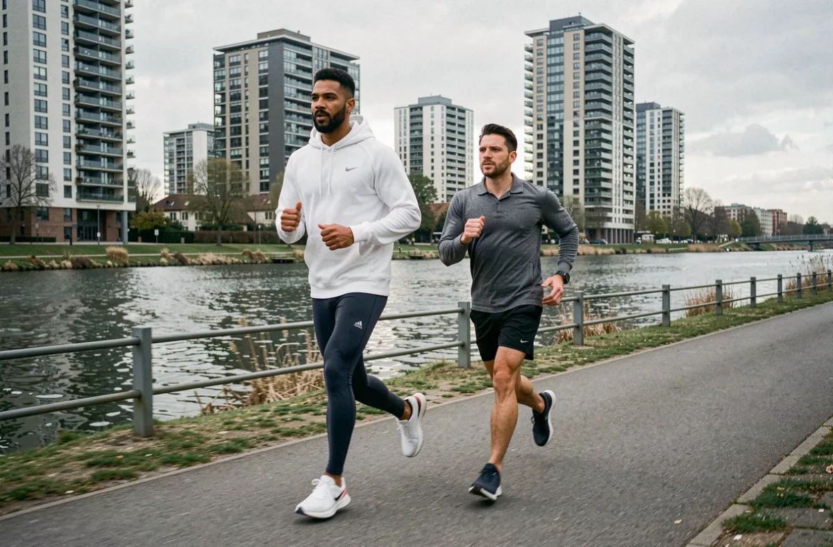 Karim, coach sportif à Noisy-le-Grand, courant aux côtés de son client sur un chemin urbain