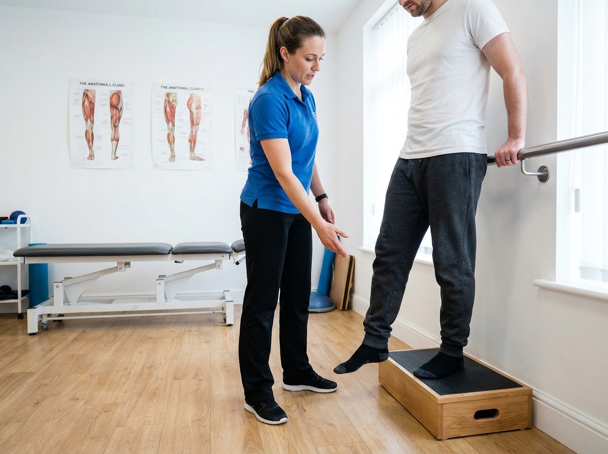 Kinésithérapeute accompagnant un patient dans un exercice excentrique pour traiter une tendinite lors d'une séance de rééducation sportive