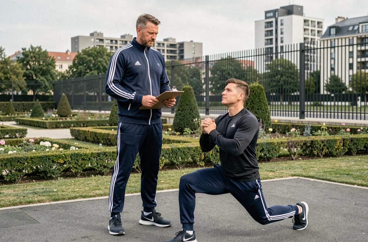 Landry Coach, coaching sportif entre Versailles et Seine-Saint-Denis, supervisant une session d'entraînement en extérieur
