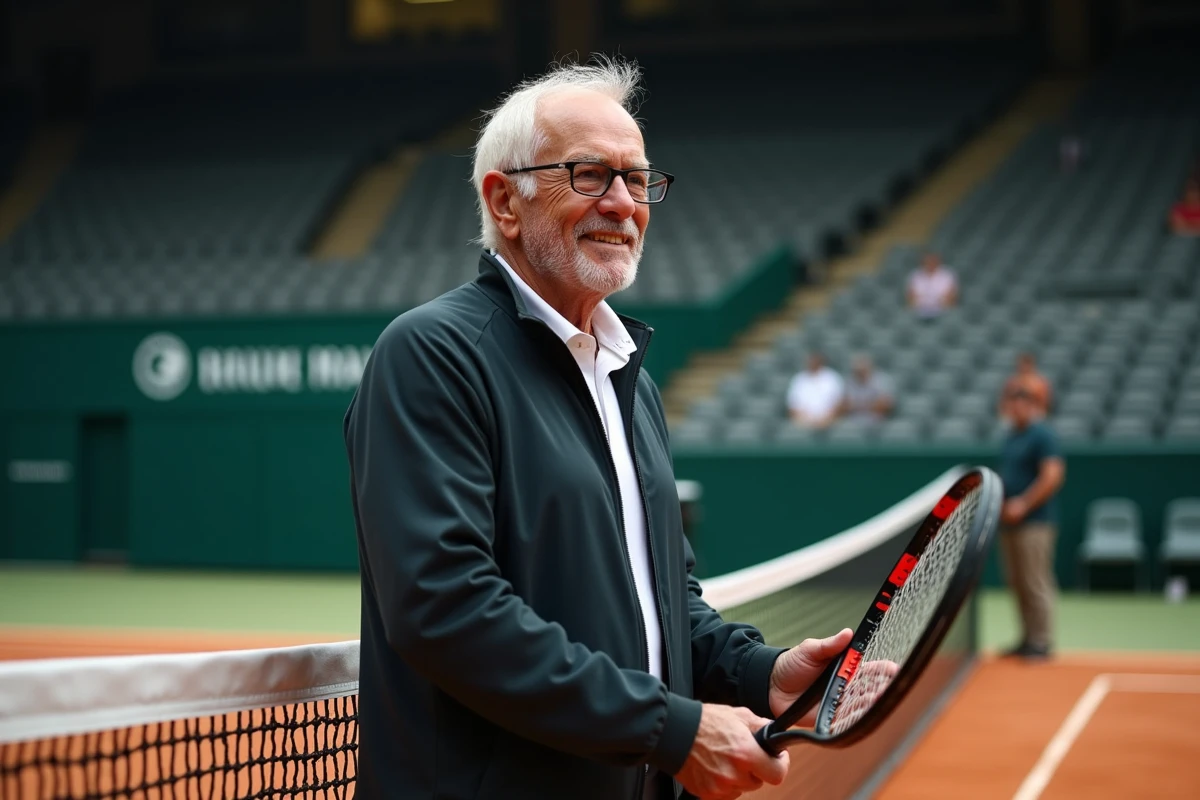Légende du tennis retraité dans une salle intérieure