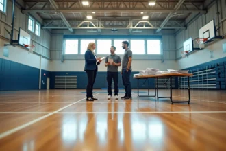 Réunion de planification d'événement dans un grand gymnase sportif avec parquet en bois, gradins repliés et personnel de la salle