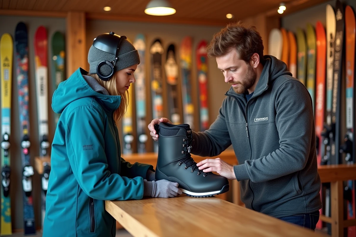 Employé d'un magasin de location de ski ajustant des chaussures de ski pour une cliente au comptoir d'un magasin alpin