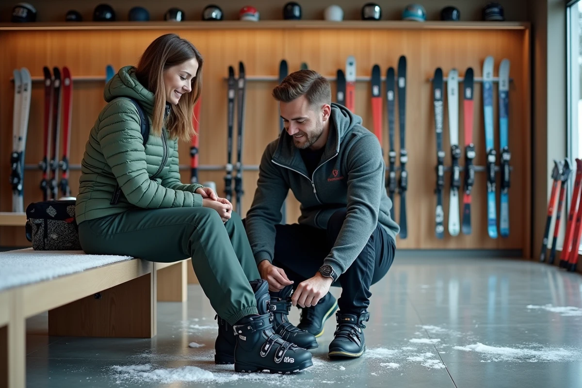 Femme en train d'essayer des chaussures de ski dans un magasin de location aux Sept Laux, aidée par un conseiller en équipement