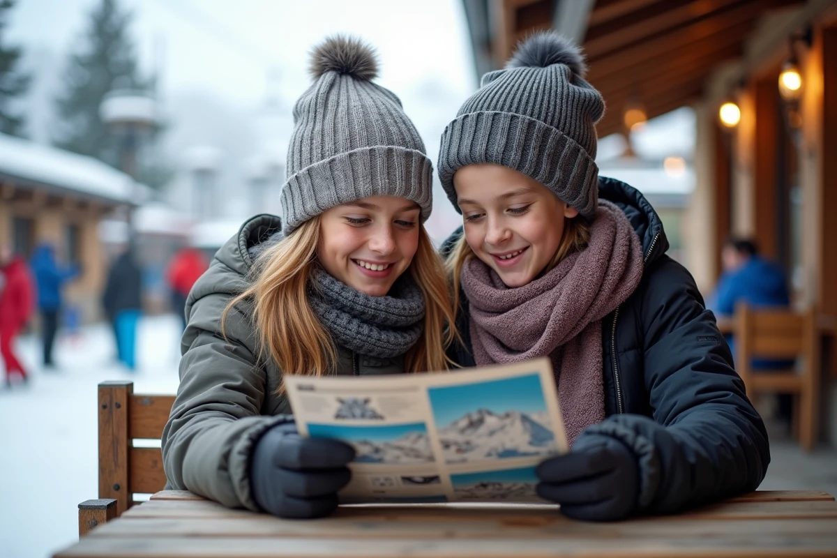 Mère et fils discutant de leur guide de ski à Les Arcs