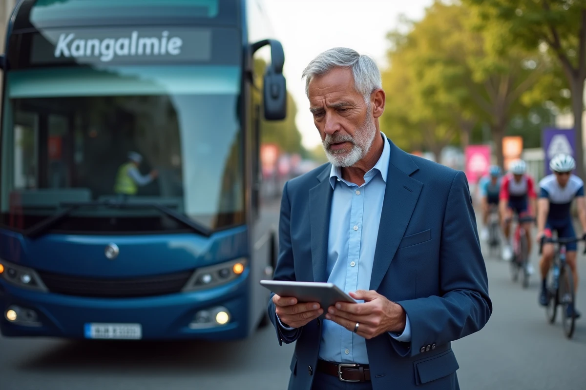 Manager cycliste regardant une tablette devant un bus de l