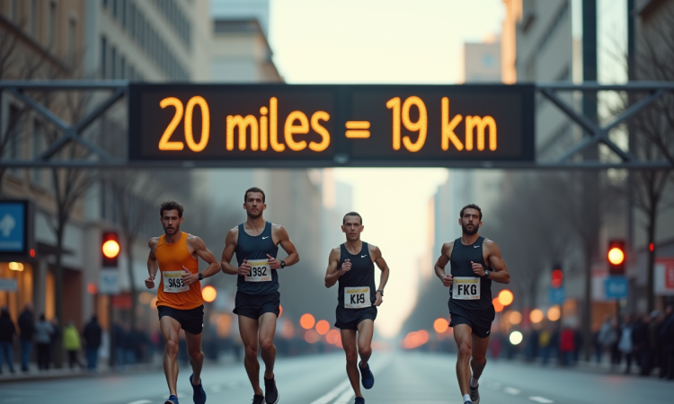 Marathon avec panneau 20 miles en ville en plein jour