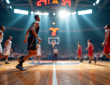 Jeu de basketball intense avec tableau en arrière-plan