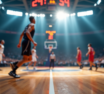Jeu de basketball intense avec tableau en arrière-plan