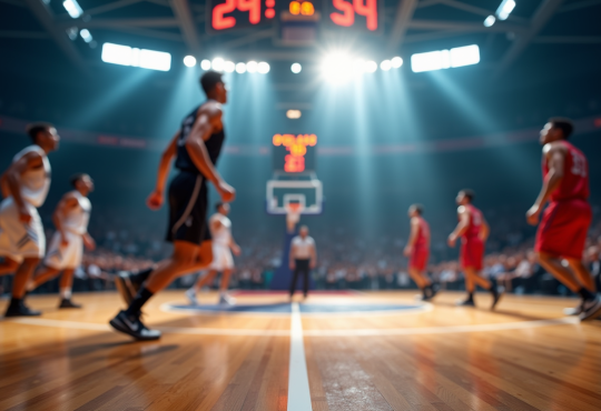 Jeu de basketball intense avec tableau en arrière-plan