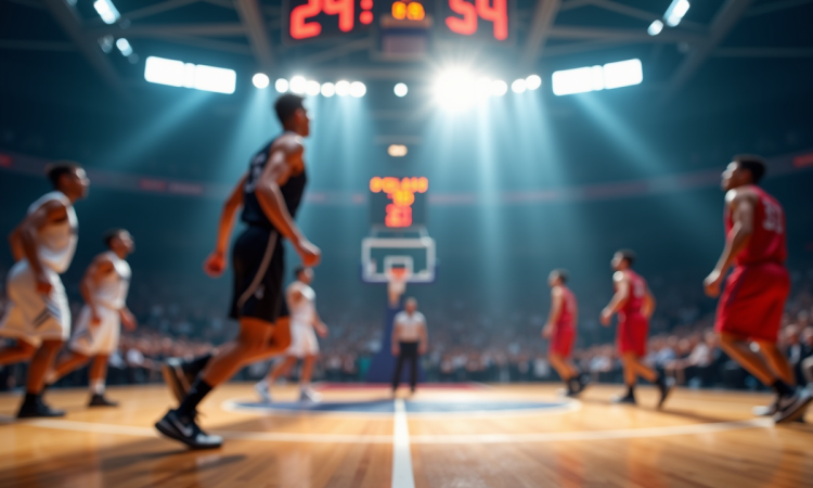 Jeu de basketball intense avec tableau en arrière-plan