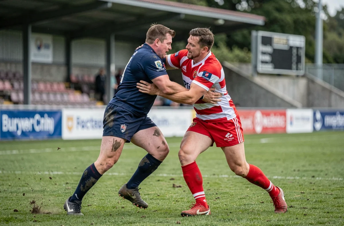 Duel de plaquage entre deux joueurs de rugby lors d'un match officiel de fédérale 3 ou d'excellence B en France