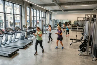 Vue panoramique d'une salle de sport moderne dans le Grand Est avec équipements de musculation et de cardio