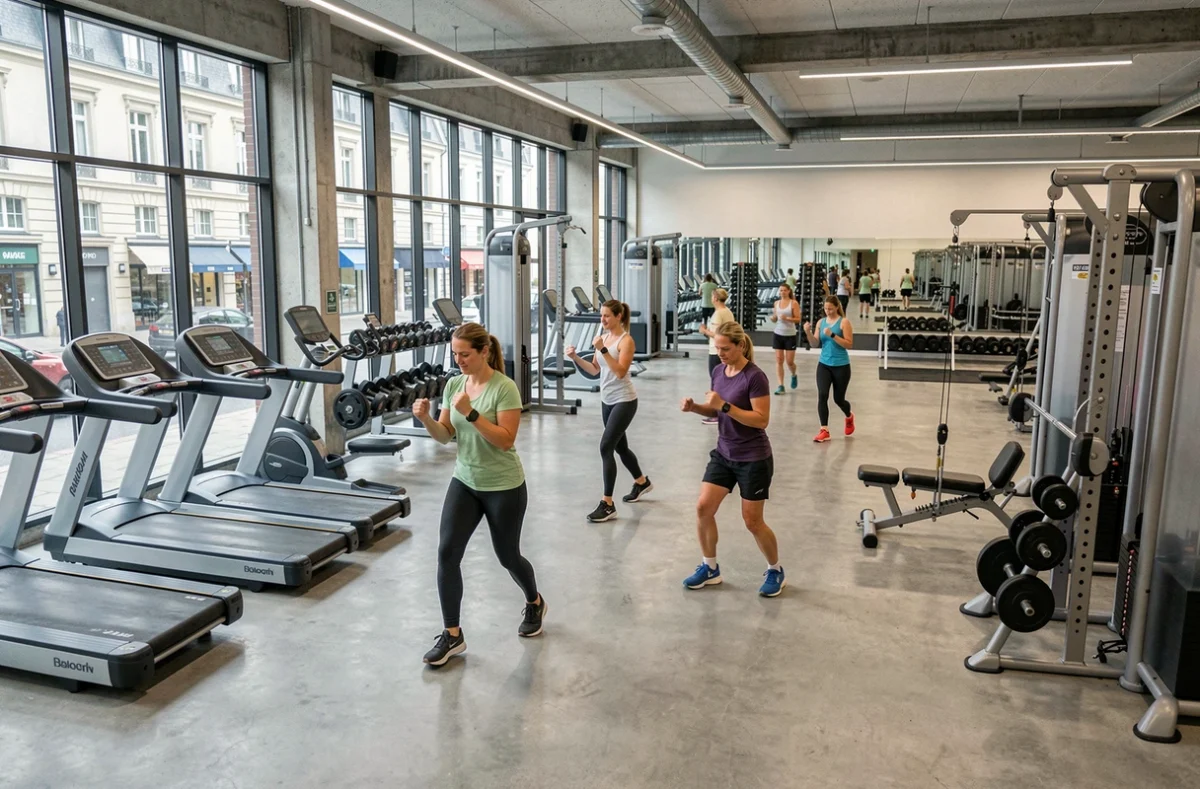 Vue panoramique d'une salle de sport moderne dans le Grand Est avec équipements de musculation et de cardio
