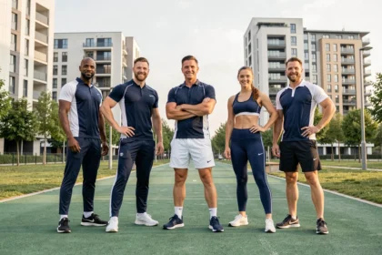 Groupe de coachs sportifs professionnels dans un parc urbain de Seine-Saint-Denis représentant le classement des meilleurs coachs 2026